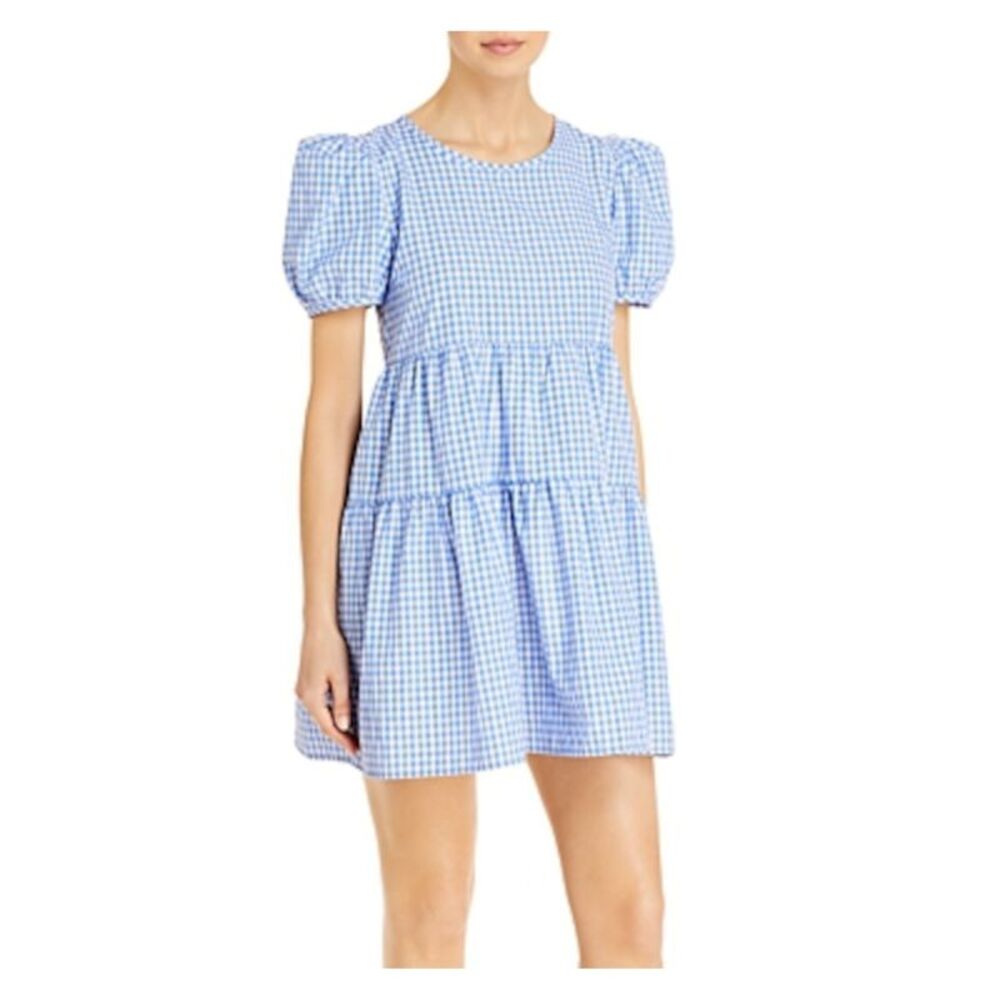 NWT AVA & ESME Womens Blue Pouf Sleeve Jewel Neck Short Fit + Flare Dress S
